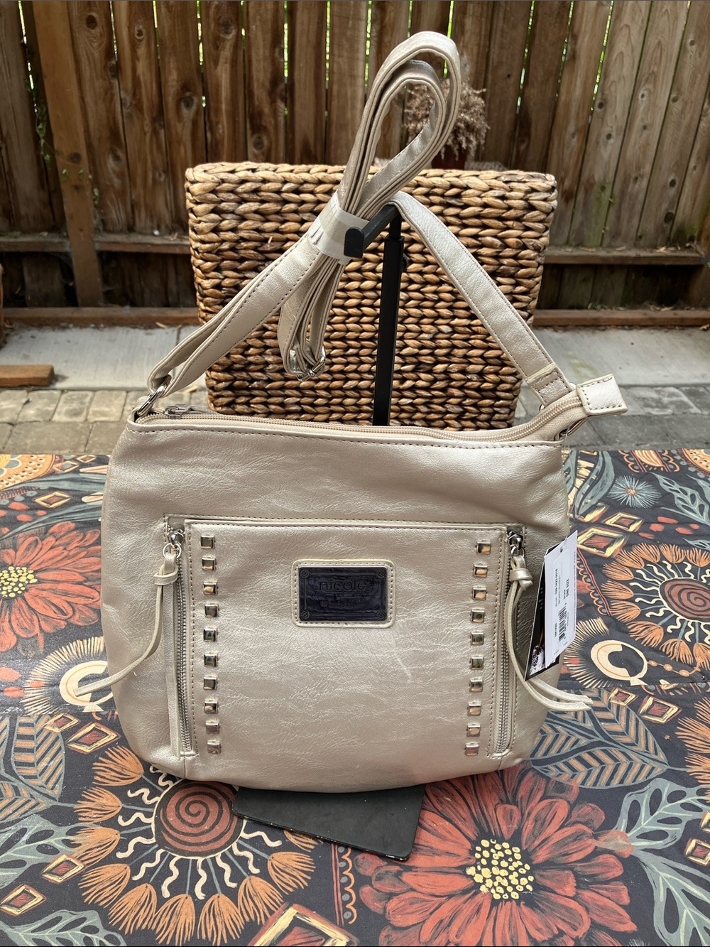 NWT Nicole by Nicole Miller Gold Metallic Studded “Carrie” Crossbody Bag